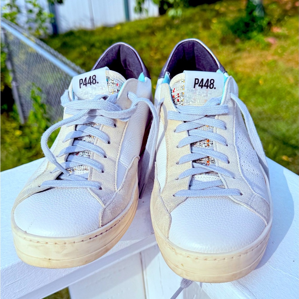 P448 John Leather Low Top Sneakers Shoes Cream White Beige 40EU - 9.5US